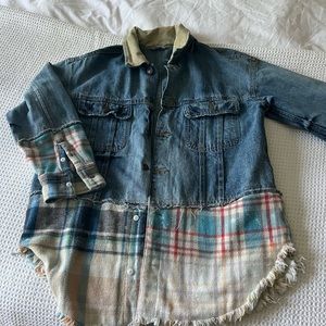 Jean jacket with curdoroy collar and flannel hem detailing